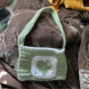 Crochet green and white heart bag